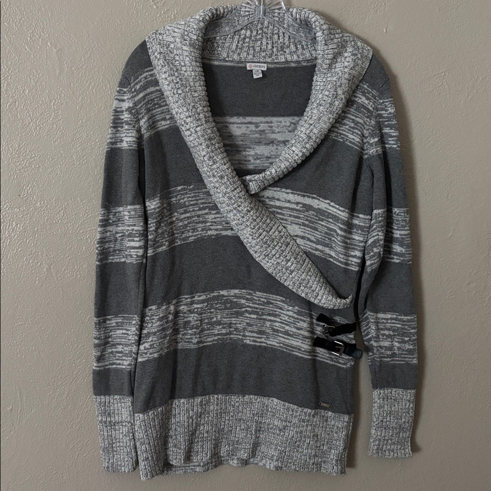 Guess Women’s Striped Shawl-Collar Sweater with Faux Leather Buckles Gray‎ Large